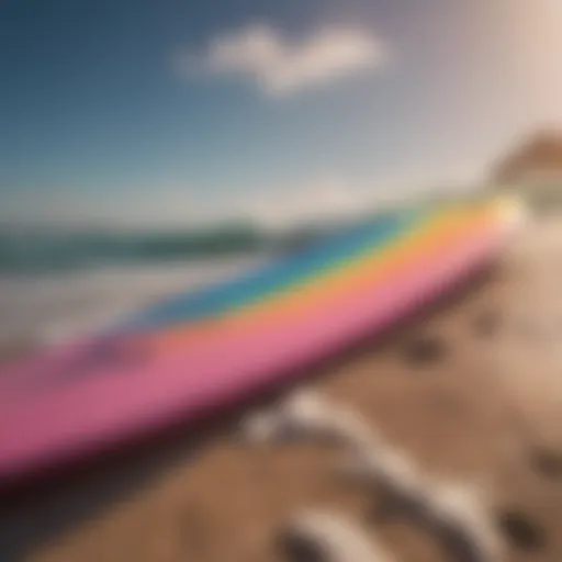 A sleek, modern adult beginner surfboard with vibrant colors