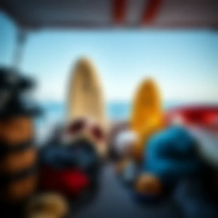 Essential Surf Gear Essential surf gear neatly organized for a boat trip