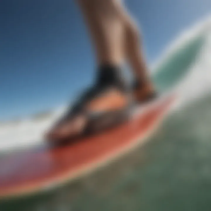 Close-up of a professional skimboarder's foot placement during a technical slide maneuver