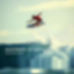 A surfer performing a complex aerial maneuver above the waves