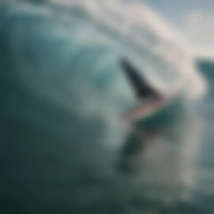 Close-up of surfboard fin slicing through the water