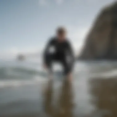 Surfboarding enthusiast measuring wetsuit