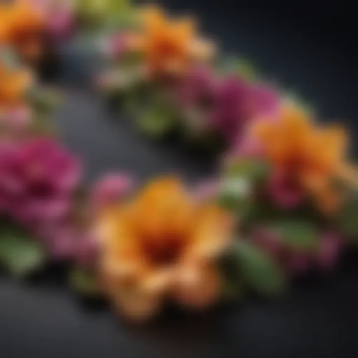 An intricately crafted lei flower necklace showcasing vibrant blossoms