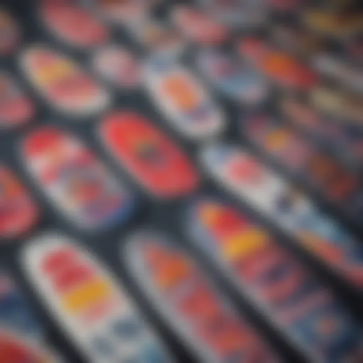 A collection of various Red Bull stickers for surfboards, showcasing versatility