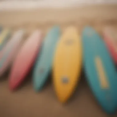 Vintage surf poster featuring a retro beach scene with colorful surfboards lined up in the sand