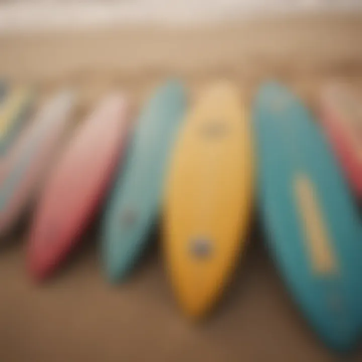 Vintage surf poster featuring a retro beach scene with colorful surfboards lined up in the sand