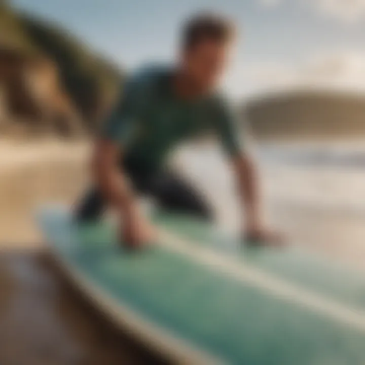 Eco-conscious surfer applying reused surfboard wax