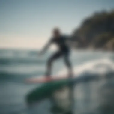 Surfer riding a hydrofoiling surfboard with precision