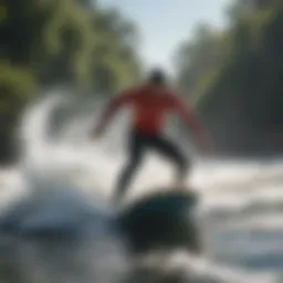 River surfing board in motion on turbulent waters