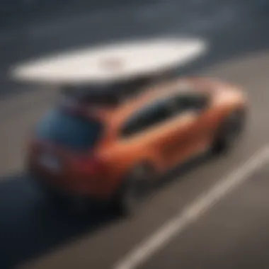 A sleek rooftop surfboard carrier installed on a car, showcasing its streamlined design.