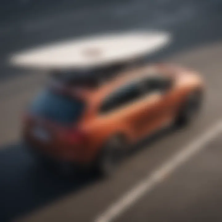 A sleek rooftop surfboard carrier installed on a car, showcasing its streamlined design.