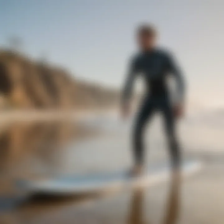 Surf instructor demonstrating proper stance on a surfboard