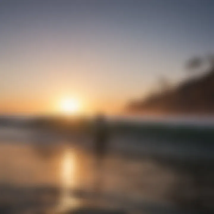 Surfer riding a wave with a sunset backdrop