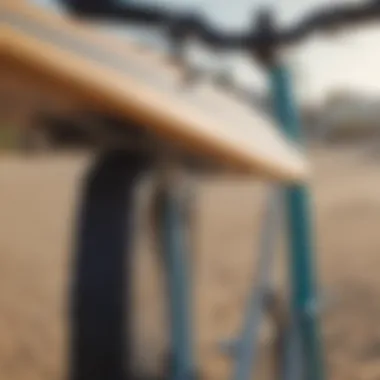 Close-up of surfboard securely mounted on a bike rack