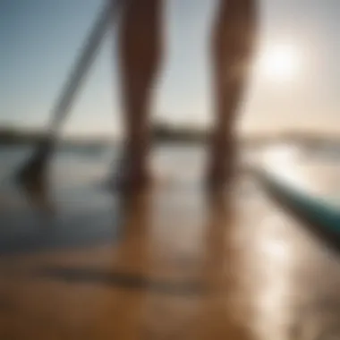 Close-up of a paddle board with emphasis on materials and durability.