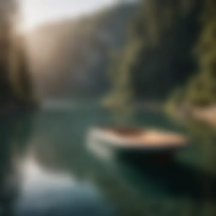 Boat docked at a serene lake for wakesurfing