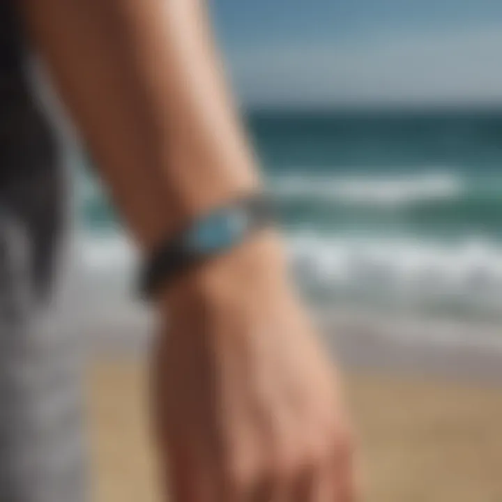 Shark bracelet adorning wrist with ocean horizon in background