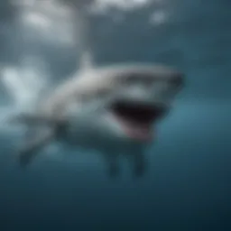 A majestic great white shark gliding through clear blue waters