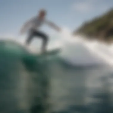 Surfer executing a sharp turn on a 7.5 deck board