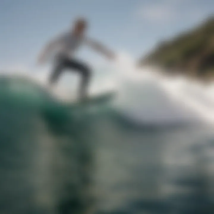 Surfer executing a sharp turn on a 7.5 deck board