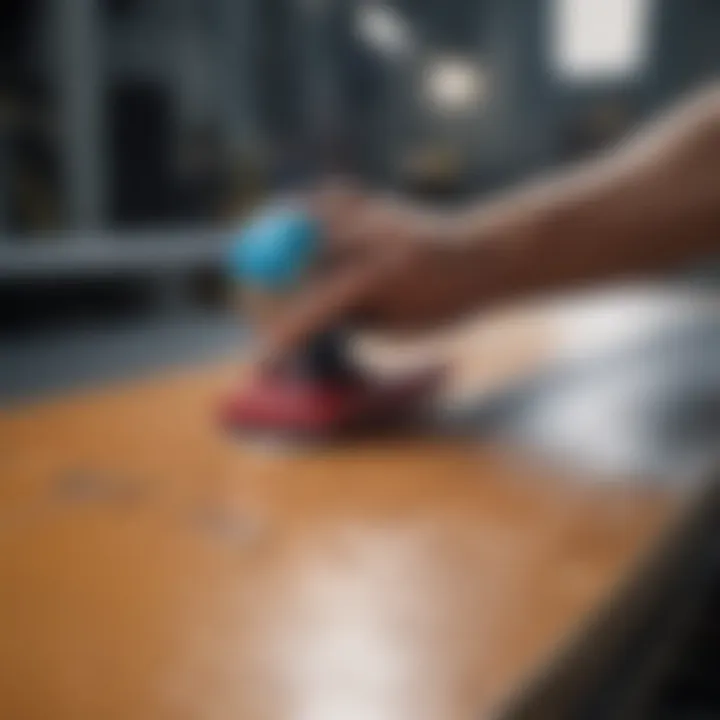 Close-up of applying skate paint on skateboard deck