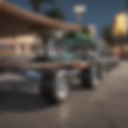 A close-up view of skateboard trucks showcasing different widths and designs.