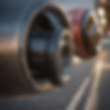 Close-up of skateboard wheels with varying softness levels