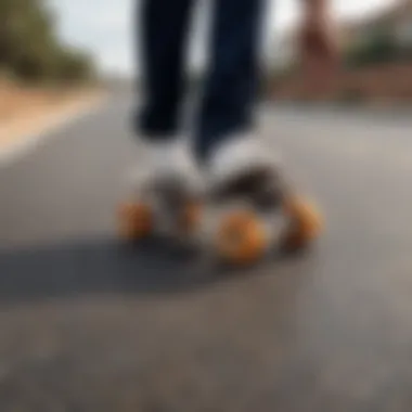 Skateboard wheels in motion on a smooth pavement