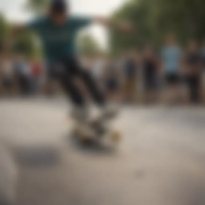 Group of skateboarders showcasing their skills at a vibrant skateboarding competition