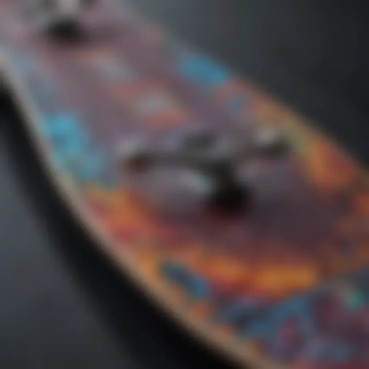 Close-up of a skateboard deck with intricate artistic design and vibrant colors