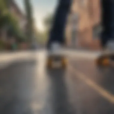 Dynamic close-up of skateboard wheels in action