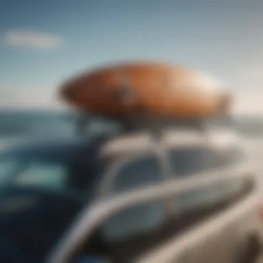 A close-up view of a soft roof rack securing a surfboard on a car