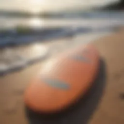 Soft top skimboard resting on the beach sand with ocean waves