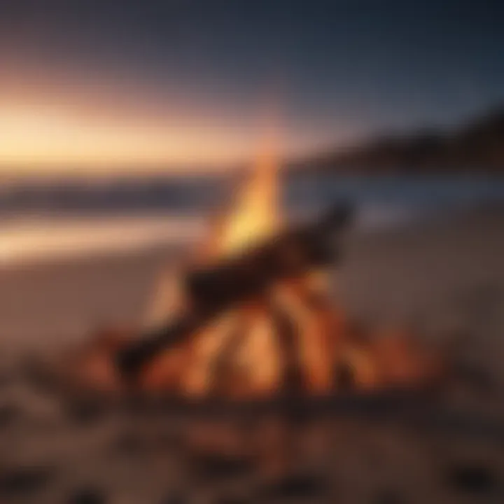 A modern artwork showing a cozy beach bonfire with crackling flames under the starry night