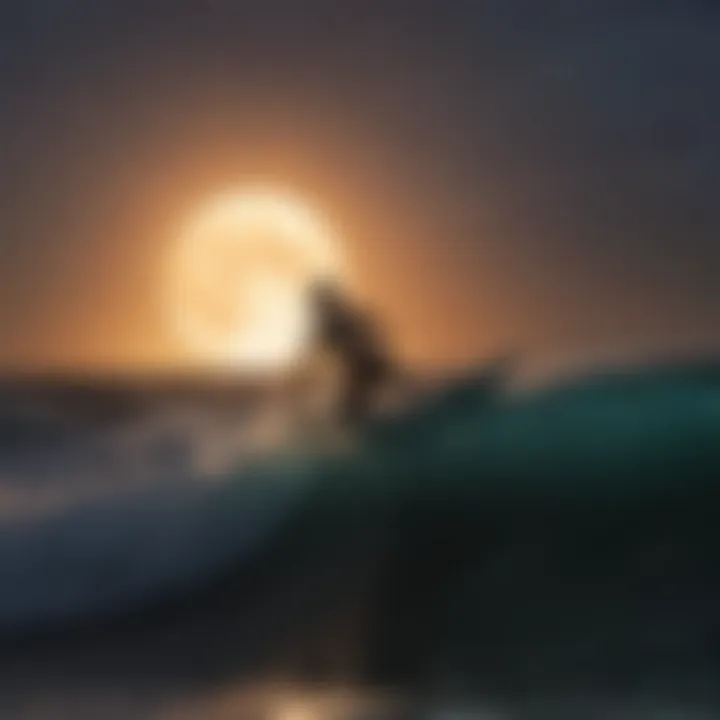 The silhouette of Bethany Hamilton surfing under a full moon