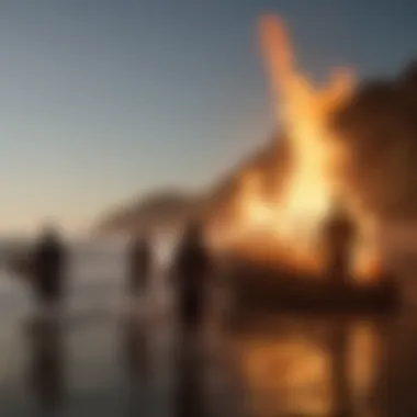 A group of surfers sharing stories around a bonfire