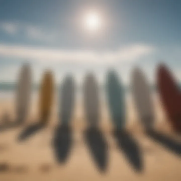 Surfboards lined up on a sun-kissed beach