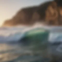 A breathtaking view of South West surf waves crashing against rocky cliffs