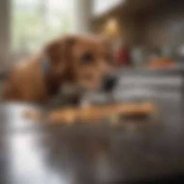 Dog looking longingly at food on countertop