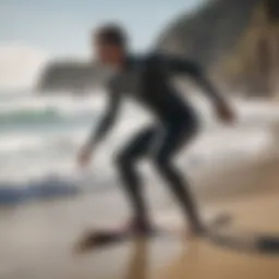 Surfer performing a dynamic stretch on the beach