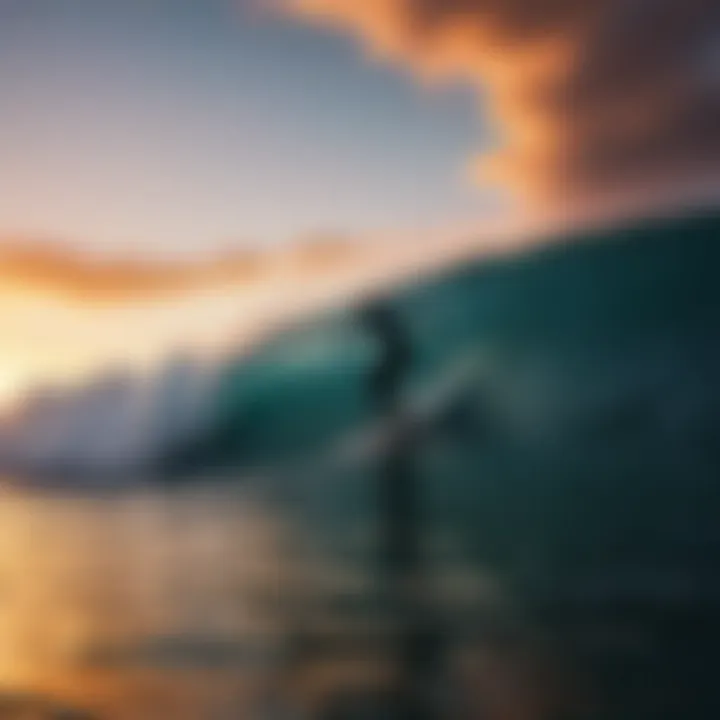 Sunset silhouette of a surfer with a 6 ft foam surfboard against a colorful sky