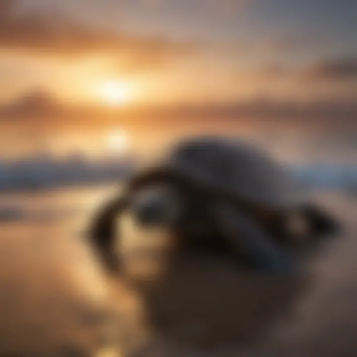 Sunset Silhouette of a Sea Turtle Against a Polluted Horizon