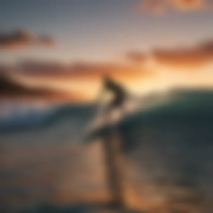 Sunset silhouette of surfer riding a wave