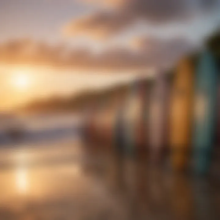 Surfboard lineup against a sunset backdrop