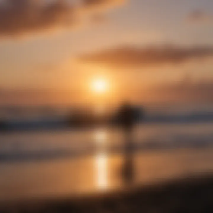 Silhouetted surfer admiring the sunset over the ocean in Montezuma