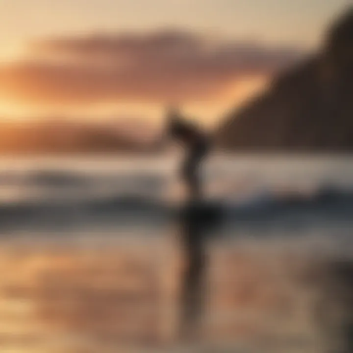 Scenic landscape featuring a hydrofoil rider against a sunset backdrop