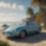 Classic surf car parked at the beach showcasing surfboards