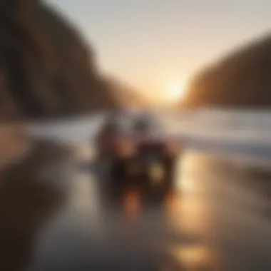 Surf car on a coastal highway at sunset