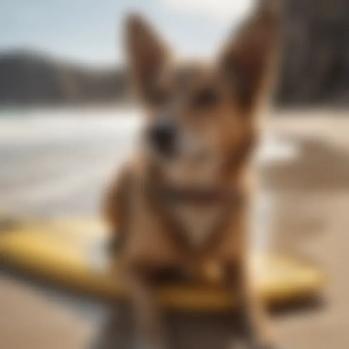 Surf Dog Ricochet relaxing on a sandy beach