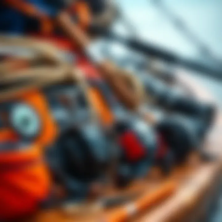 Essential Fishing Gear for Surf Enthusiasts A close-up of various fishing tackle and gear essential for surf fishing